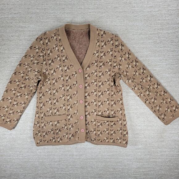 Vintage Floral Thick Knit Cardigan Womens L Mauve Tan Button Front Sweater - Picture 6 of 16